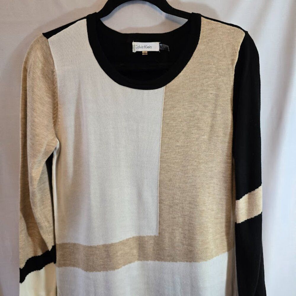 CALVIN KLEIN COLOR BLOCK SWEATER SIZE MEDIUM SWEATER LONG SLEEVE BLACK TAN IVORY - Picture 3 of 7